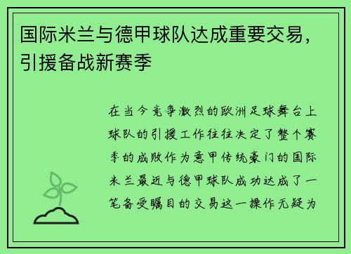 国际米兰与德甲球队达成重要交易，引援备战新赛季